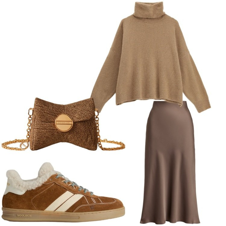 Outfit donna - Sporty me. Stile Chic per Tutti i giorni. Abbinamento con maglieria, borse a tracolla, gonne, sneakers.