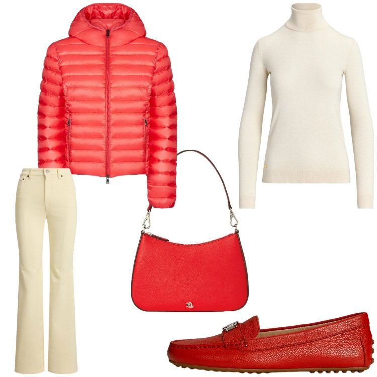 Outfit donna - Bianco e rosso. Stile Chic per Tutti i giorni. Abbinamento con maglieria, mocassini, pantaloni, borse a spalla, bomber.