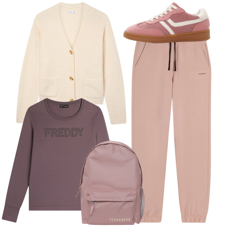 Outfit donna - Total sporty. Stile Basic per Tutti i giorni. Abbinamento con sneakers, cardigans, zaini, pantaloni, felpe.