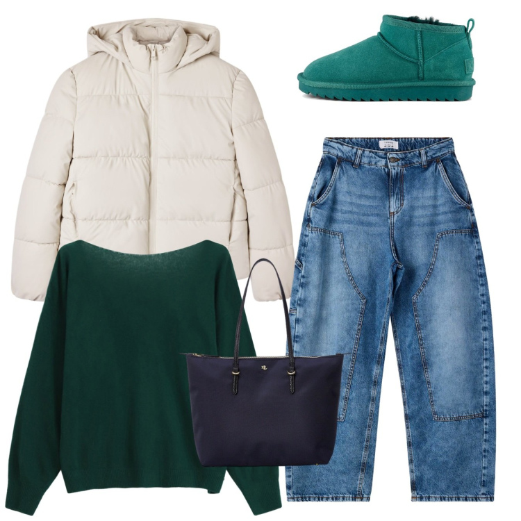 Outfit donna - Total look. Stile Casual per Tutti i giorni. Abbinamento con bomber, jeans dritti, cardigans, borse tote, stivali.