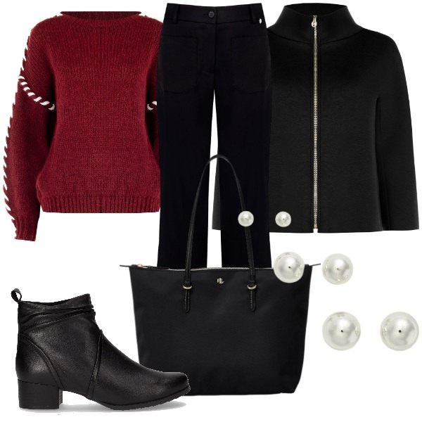 Outfit donna - Black Friday Rinascimento 2025. Stile Casual chic per Tutti i giorni. Abbinamento con maglieria, pantaloni, cappe, orecchini, borse tote, stivaletti.