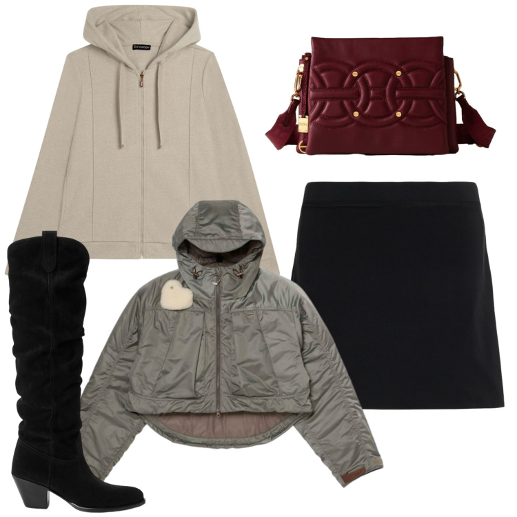 Outfit donna - Total chic. Stile Chic per Tutti i giorni. Abbinamento con borse a tracolla, felpe con cappuccio, stivaletti, minigonne, blazer.