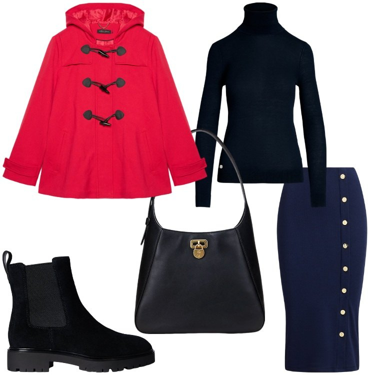 Outfit donna - Pronta. Stile Casual chic per Tutti i giorni. Abbinamento con maglieria, borse a spalla, gonne, stivaletti chelsea, blazer.