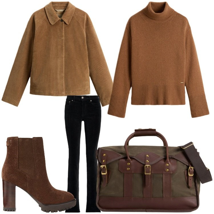 Outfit donna - Velluto. Stile Casual chic per Ufficio. Abbinamento con pantaloni, stivaletti chelsea, borse a tracolla, maglieria, cappotti.