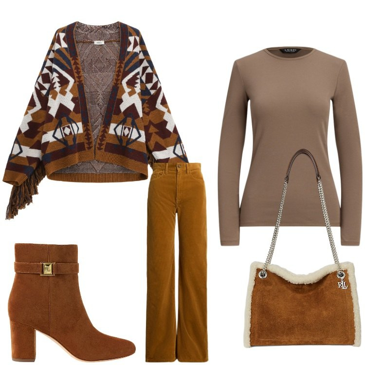 Outfit donna - Etnica. Stile Etnico per Tutti i giorni. Abbinamento con cardigans, t-shirt, pantaloni, stivaletti, borse tote.