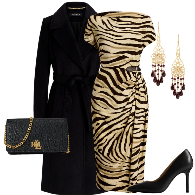 Outfit donna - Serata evento. Stile Chic per Serata fuori. Abbinamento con cappotti, borse a tracolla, orecchini, vestiti, décolleté.