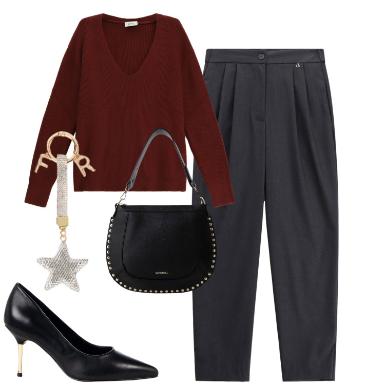 Outfit donna - Novembre. Stile Trendy per Tutti i giorni. Abbinamento con décolleté, borse a spalla, pantaloni, maglieria, portachiavi.