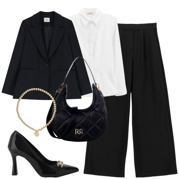 Outfit donna - Black set. Stile Chic per Tutti i giorni. Abbinamento con borse a tracolla, décolleté, pantaloni a palazzo, camicie, blazer, collane.