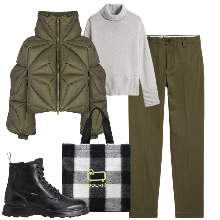 Outfit donna - City. Stile Casual chic per Tutti i giorni. Abbinamento con pantaloni chino, piumini, anfibi, borse tote, maglieria.