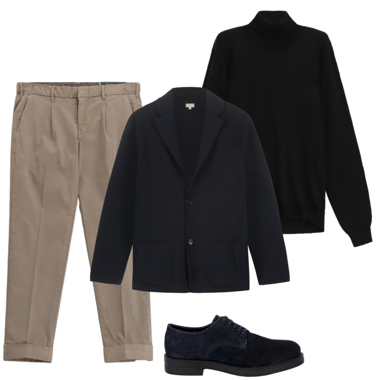 Outfit uomo - In ufficio. Stile Business/Elegante per Ufficio. Abbinamento con pantaloni chino, maglieria, scarpe stringate, giacche.