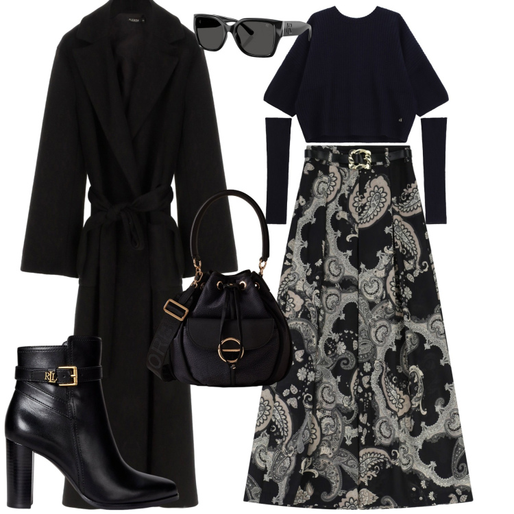 Outfit donna - City. Stile Urban per Tutti i giorni. Abbinamento con cappotti, gonne lunghe, borse a secchiello, maglieria, occhiali da sole, stivaletti.