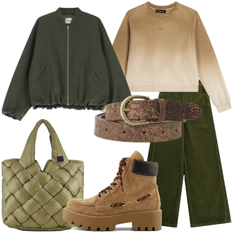 Outfit donna - La mia giacca bomber. Stile Military per Tutti i giorni. Abbinamento con cinture, bomber, pantaloni a palazzo, felpe, borse tote, stivaletti.