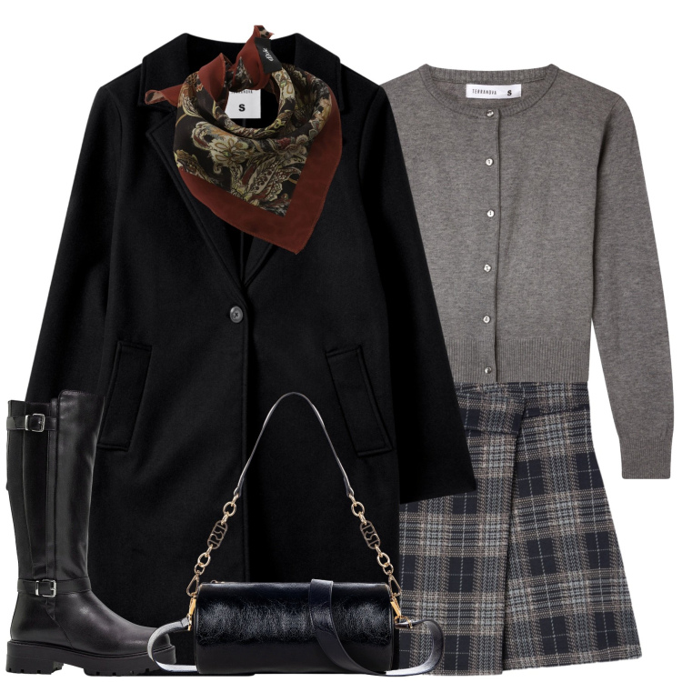 Outfit donna - City. Stile Casual chic per Tutti i giorni. Abbinamento con stivali, borse a mano, cappotti, cardigans, minigonne, foulard.