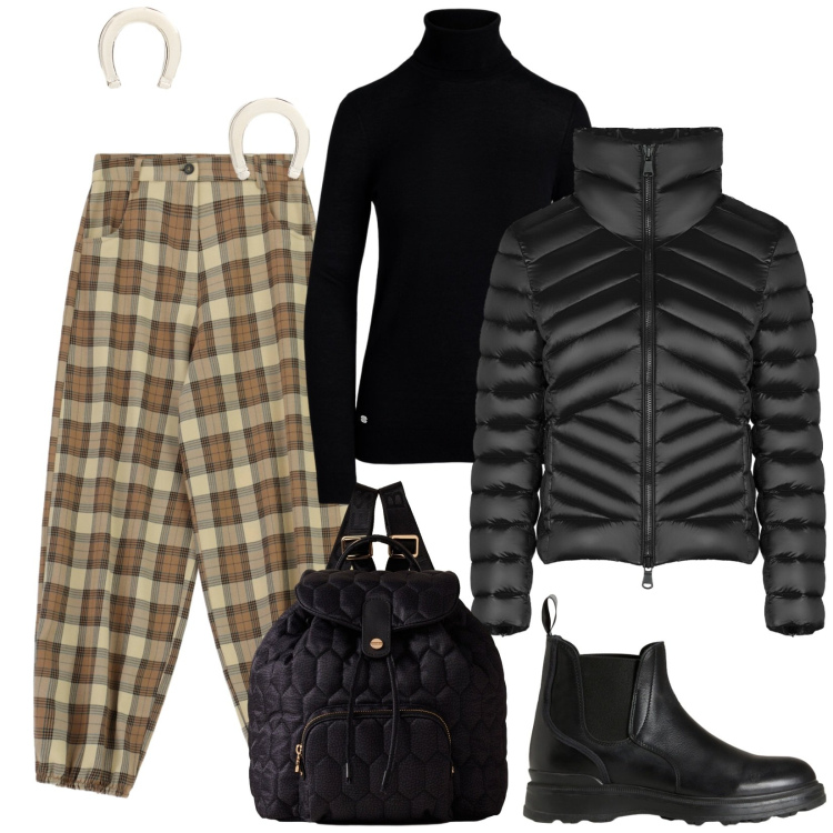 Outfit donna - Zaino cocoon. Stile Trendy per Tutti i giorni. Abbinamento con pantaloni a palazzo, piumini, zaini, stivaletti, maglieria, orecchini.