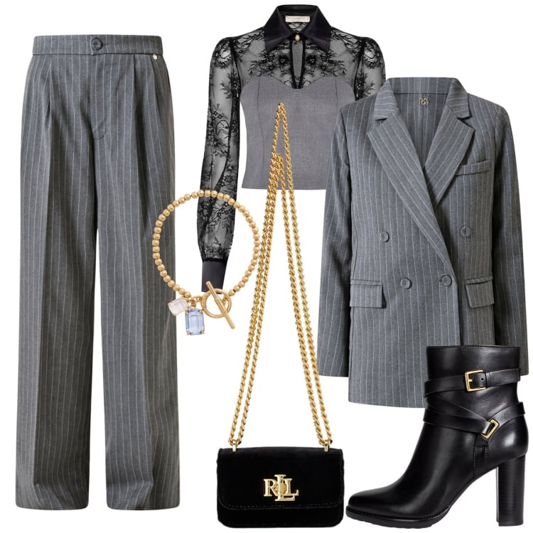 Outfit donna - Tailleur gessato. Stile Chic per Ufficio. Abbinamento con bluse, pantaloni, blazer, stivaletti, pochette, braccialetti.