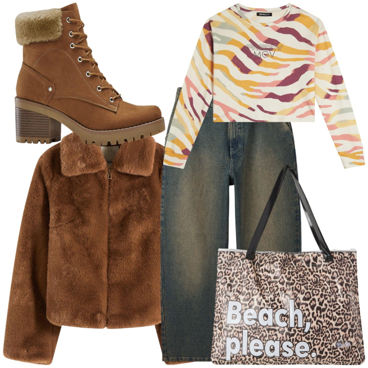 Outfit donna - La borsa estiva per ricordare. Stile Casual chic per Tutti i giorni. Abbinamento con ecopellicce, stivaletti, borse tote, jeans, felpe.