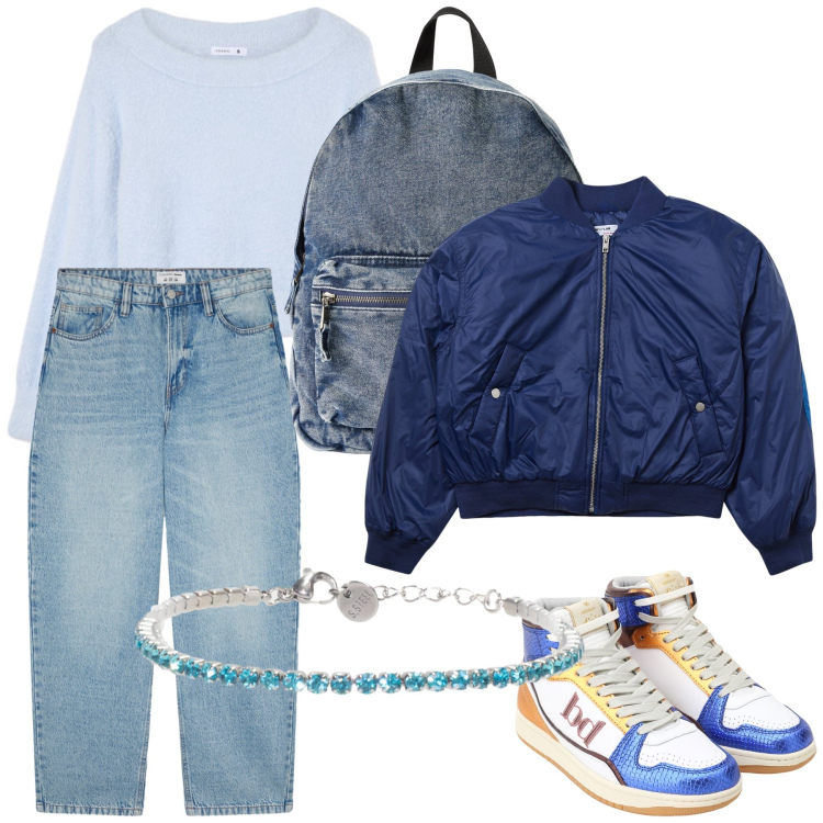 Outfit donna - Un giorno azzurro. Stile Casual per Tutti i giorni. Abbinamento con maglieria, jeans, bomber, zaini, braccialetti, sneakers alte.