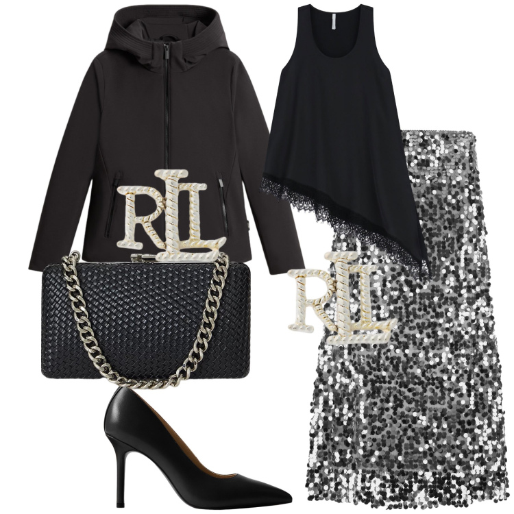 Outfit donna - La gonna di paillettes. Stile Chic per Serata fuori. Abbinamento con top, gonne lunghe, orecchini, décolleté, clutch, parka.