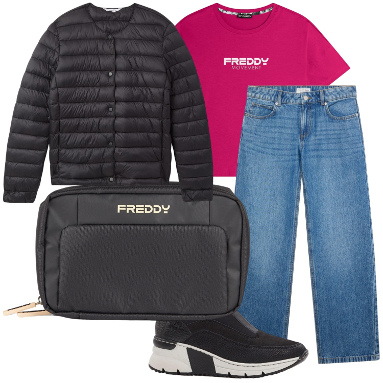 Outfit donna - Freddy and company. Stile Casual per Tutti i giorni. Abbinamento con sneakers, jeans, piumini, t-shirt, valigie.