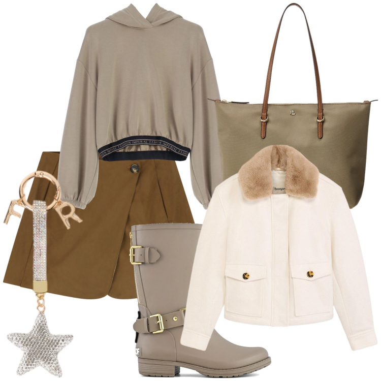 Outfit donna - Total look. Stile Trendy per Tutti i giorni. Abbinamento con piumini, felpe con cappuccio, minigonne, borse tote, portachiavi, stivali.