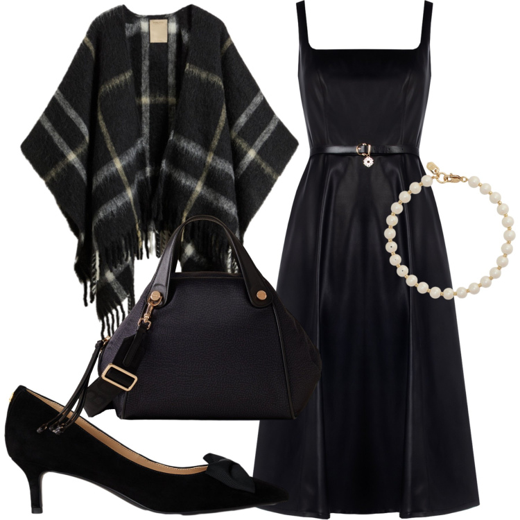 Outfit donna - La mantella mi scalda sera e look. Stile Chic per Serata fuori. Abbinamento con vestiti midi/longuette, borse a mano, décolleté, braccialetti, cappe.