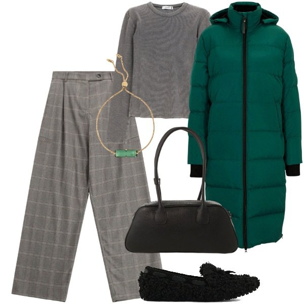 Outfit donna - Giornata in città - FDCI. Stile Casual chic per Tutti i giorni. Abbinamento con piumini, maglieria, pantaloni a palazzo, borse a mano, braccialetti, mocassini.