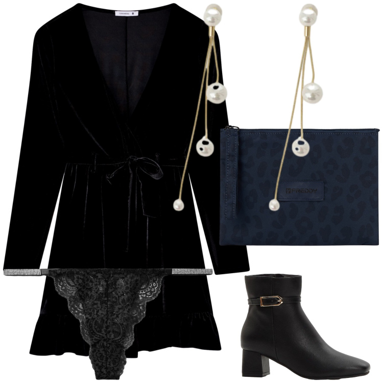 Outfit donna - Sera essenziale. Stile Bon Ton per Serata fuori. Abbinamento con stivaletti, culotte, vestiti corti, orecchini, clutch.