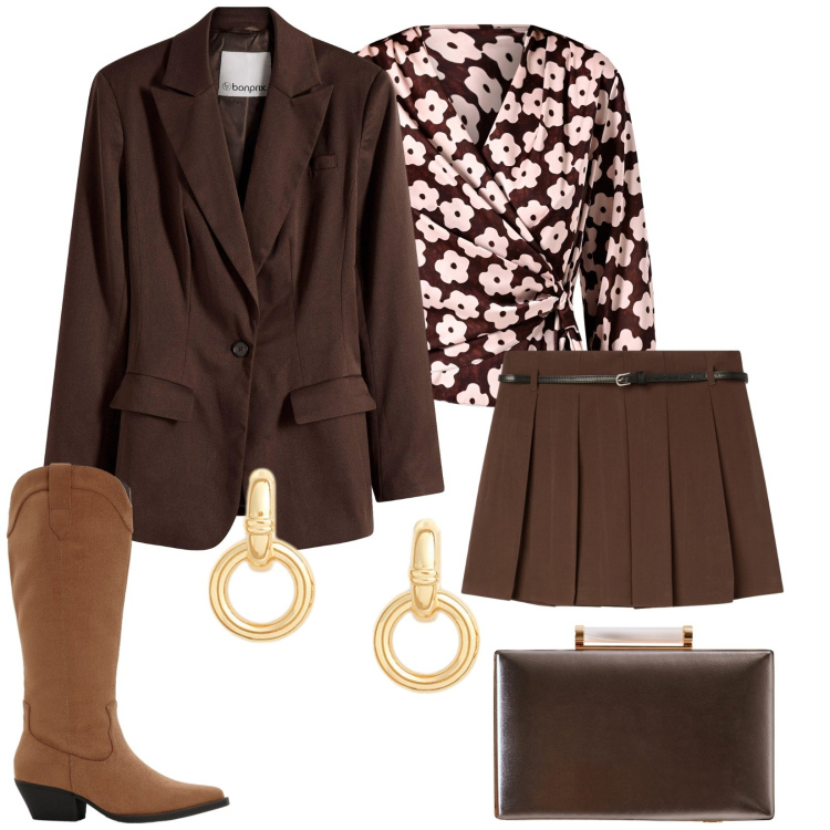 Outfit donna - Total look #2288265. Stile Chic per Serata fuori. Abbinamento con stivali, blazer, clutch, bluse, minigonne, orecchini.