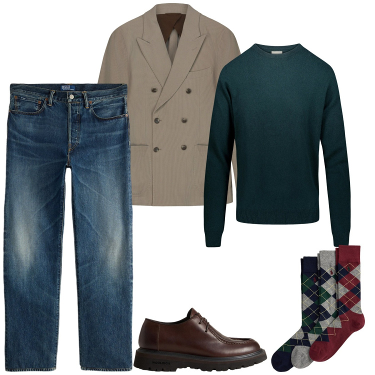 Outfit uomo - Total look #2288266. Stile Trendy per Ufficio. Abbinamento con jeans dritti, calzini, scarpe stringate, maglieria, giacche.
