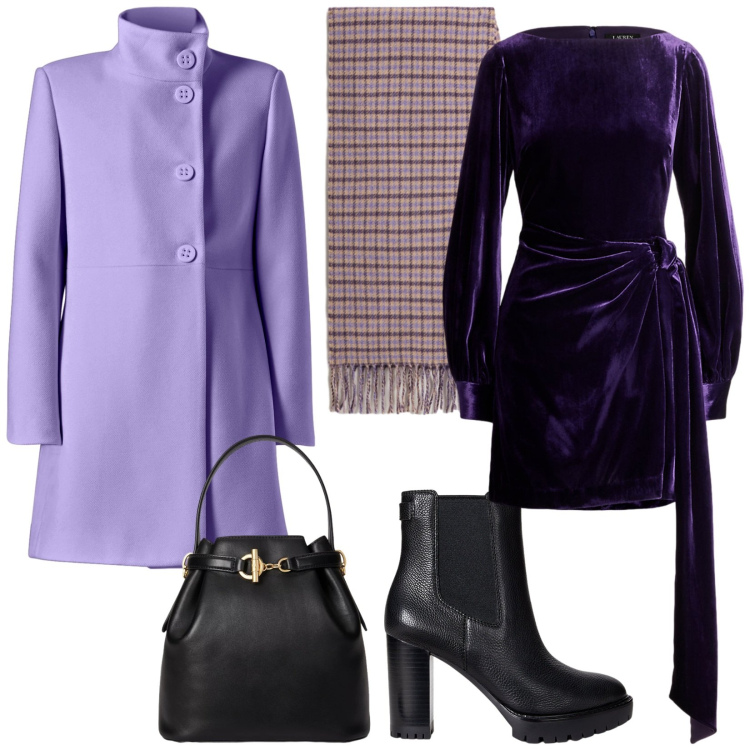 Outfit donna - Velluto viola. Stile Bon Ton per Serata fuori. Abbinamento con cappotti, stivaletti chelsea, vestiti, borse a secchiello, sciarpe.
