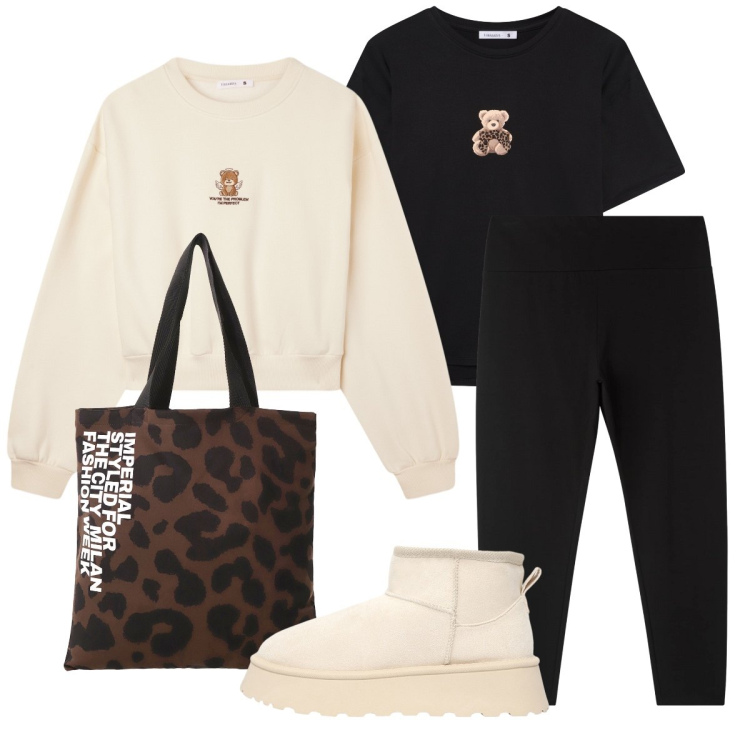 Outfit donna - In biblioteca. Stile Sporty chic per Scuola/Università. Abbinamento con felpe, t-shirt, leggings, stivaletti, shopping bag.
