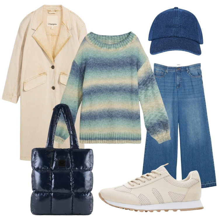 Outfit donna - All’università. Stile Urban per Scuola/Università. Abbinamento con maglieria, trench, sneakers, jeans, cappelli con visiera, shopping bag.