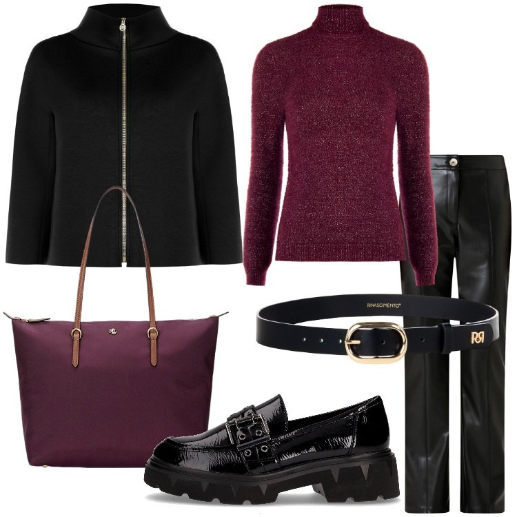 Outfit donna - Rinascimento - Black Friday 2025. Stile Trendy per Ufficio. Abbinamento con cappe, pantaloni, pullovers, cinture, borse tote, mocassini.