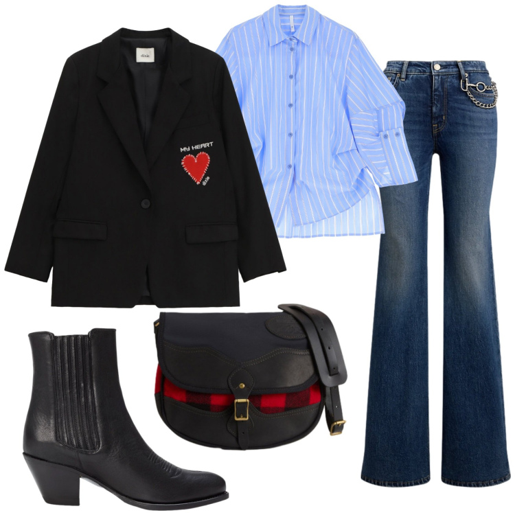 Outfit donna - Total look #2288278. Stile Casual chic per Tutti i giorni. Abbinamento con camicie, blazer, jeans dritti, stivaletti texani, borse a tracolla.