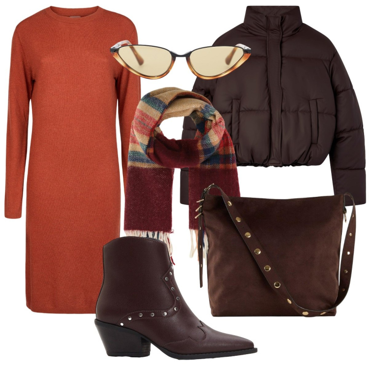 Outfit donna - Arancio & cacao. Stile Etnico per Ufficio. Abbinamento con shopping bag, stivaletti texani, sciarpe, bomber, occhiali da sole, vestiti midi/longuette.