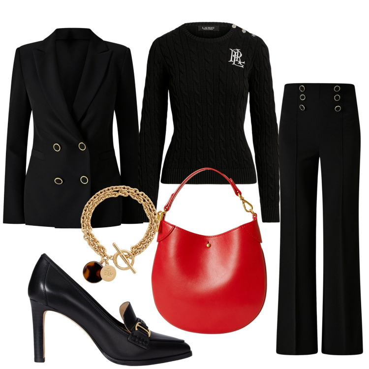 Outfit donna - Total look #2288280. Stile Chic per Serata fuori. Abbinamento con pantaloni, blazer, maglieria, pochette, décolleté, braccialetti con ciondoli.