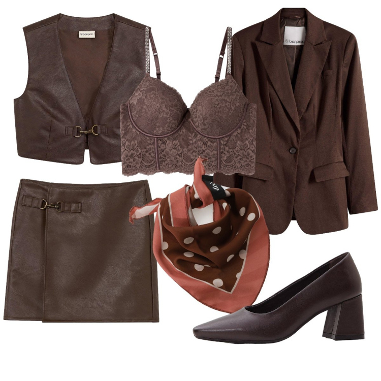 Outfit donna - Minigonna & gilet. Stile Sexy per Serata fuori. Abbinamento con gilet, blazer, décolleté, gonne, bralette, foulard.