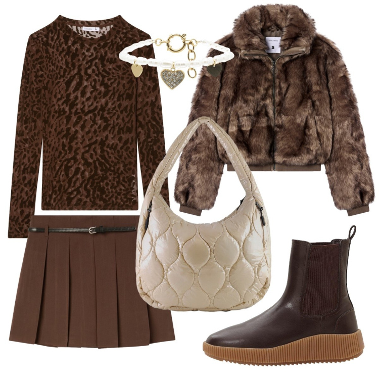 Outfit donna - La pelliccia ecologica. Stile Trendy per Serata fuori. Abbinamento con stivaletti chelsea, minigonne, t-shirt, ecopellicce, braccialetti, borse tote.
