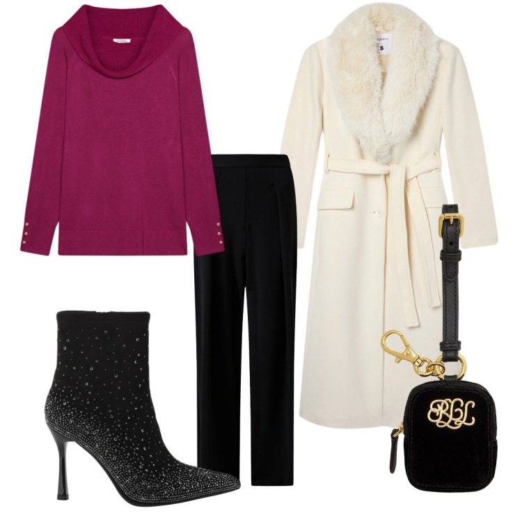 Outfit donna - Cozy & Chic. Stile Bon Ton per Serata fuori. Abbinamento con cappotti, pantaloni, stivaletti, pochette, maglieria.