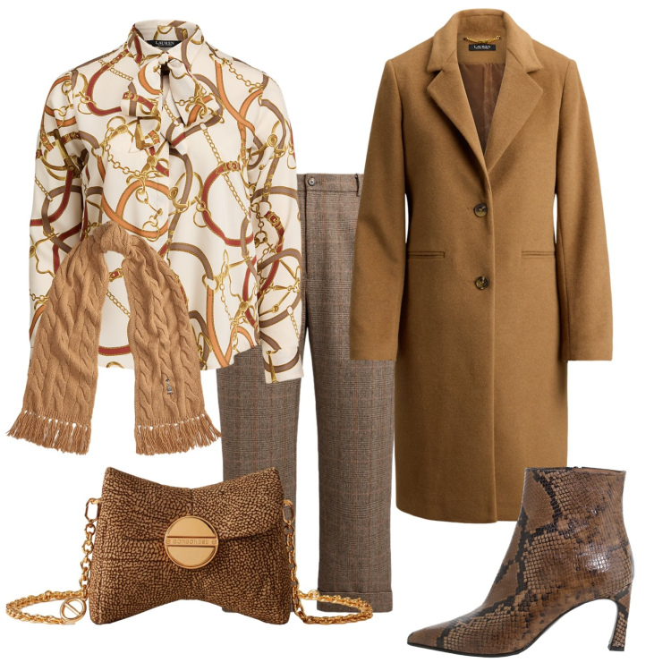 Outfit donna - Total look #2288285. Stile Glamour per Serata fuori. Abbinamento con borse a tracolla, stivaletti, camicie, sciarpe, cappotti, pantaloni.