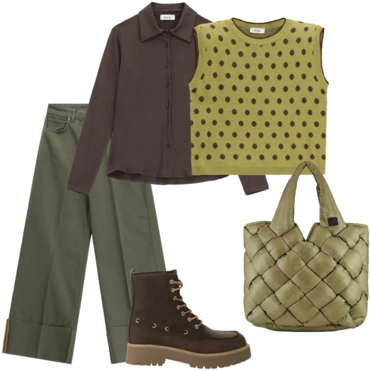 Outfit donna - Total look #2288288. Stile Casual per Tutti i giorni. Abbinamento con pantaloni a palazzo, maglieria, stivaletti, camicie, borse tote.