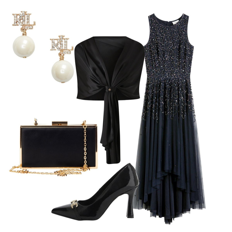 Outfit donna - Total black per la serata. Stile Glamour per Serata fuori. Abbinamento con vestiti asimmetrici, scialli, pochette, décolleté, orecchini.