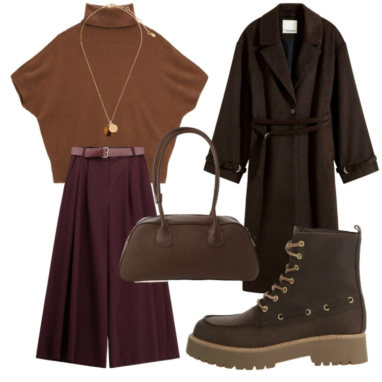 Outfit donna - Cozy e chic. Stile Casual chic per Tutti i giorni. Abbinamento con cappotti, maglieria, pantaloni a palazzo, stivaletti, borse a mano, collane.