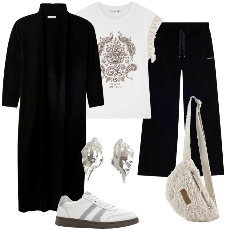 Outfit donna - Total look #2288291. Stile Casual chic per Serata fuori. Abbinamento con sneakers, cardigans, t-shirt, orecchini, pantaloni, marsupi.