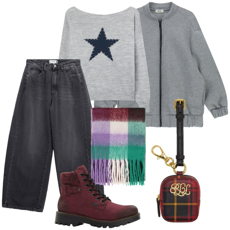 Outfit donna - Un tocco colorato. Stile Casual per Tutti i giorni. Abbinamento con stivaletti, jeans, maglieria, sciarpe, bomber, pochette.