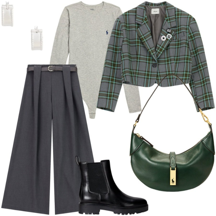 Outfit donna - La giacca in tartan. Stile Casual chic per Serata fuori. Abbinamento con pantaloni, blazer, body, borse a spalla, stivaletti chelsea, orecchini.