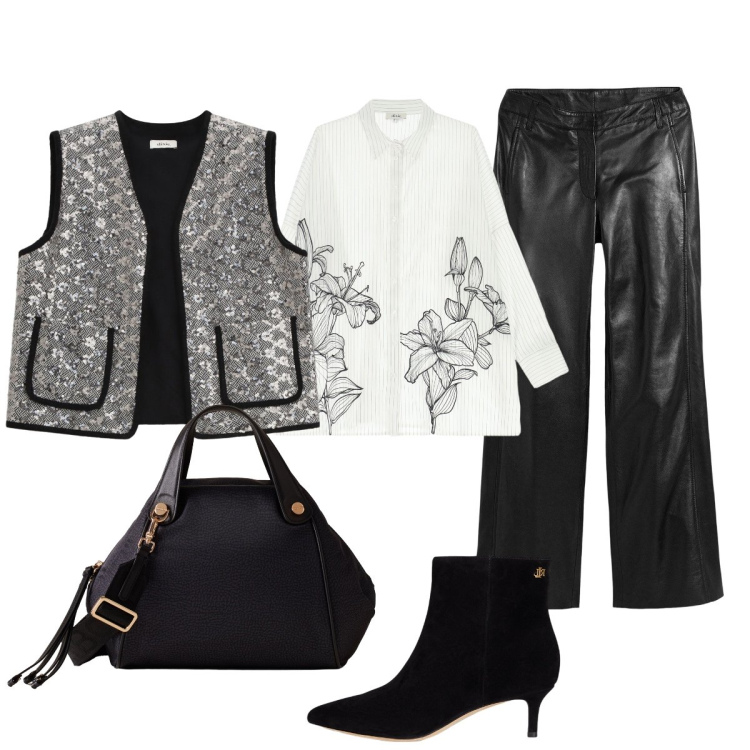 Outfit donna - Serata informale. Stile Chic per Cerimonia. Abbinamento con pantaloni, borse a mano, camicie, gilet, stivaletti.