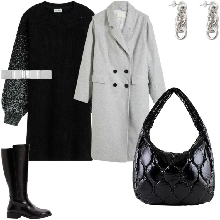 Outfit donna - Abito in lana. Stile Casual chic per Ufficio. Abbinamento con vestiti, cappotti, stivali, cinture, orecchini, borse tote.