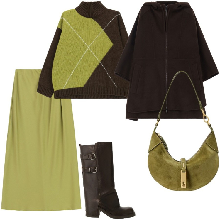 Outfit donna - Il maglione bicolore. Stile Casual chic per Ufficio. Abbinamento con maglieria, gonne lunghe, cappotti, stivali, borse a spalla.