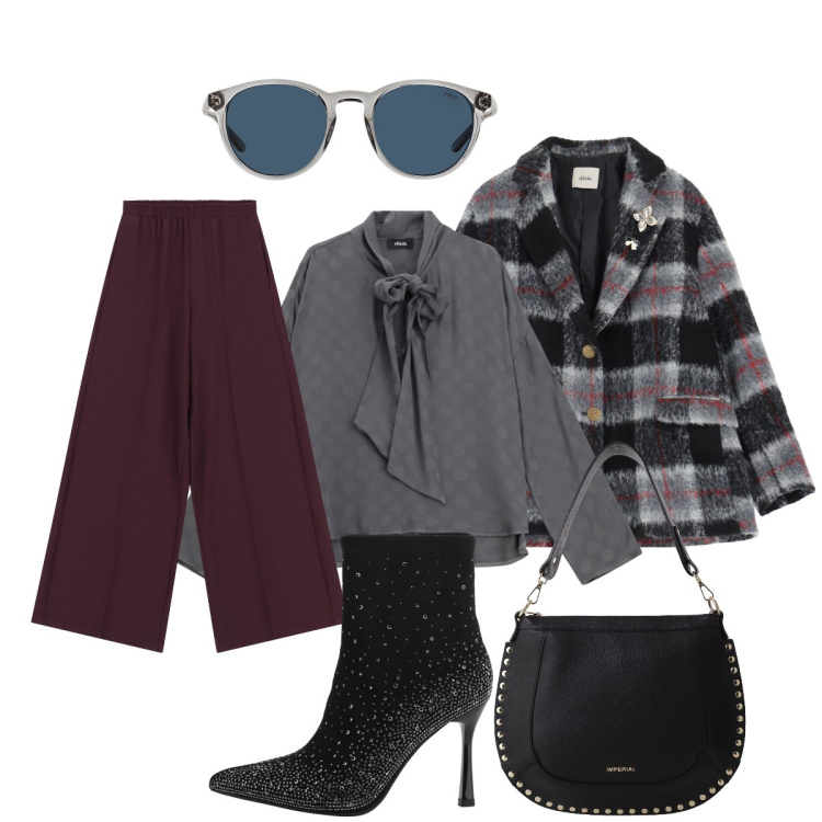 Outfit donna - In città. Stile Minimal per Tutti i giorni. Abbinamento con pantaloni a palazzo, stivaletti, borse a spalla, bluse, blazer, occhiali da sole.